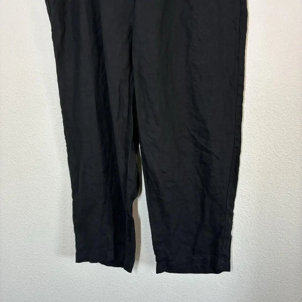 Quince Linen Pants Womens XL Black Wide Leg Elastic Waist Relaxed Pull On Casual